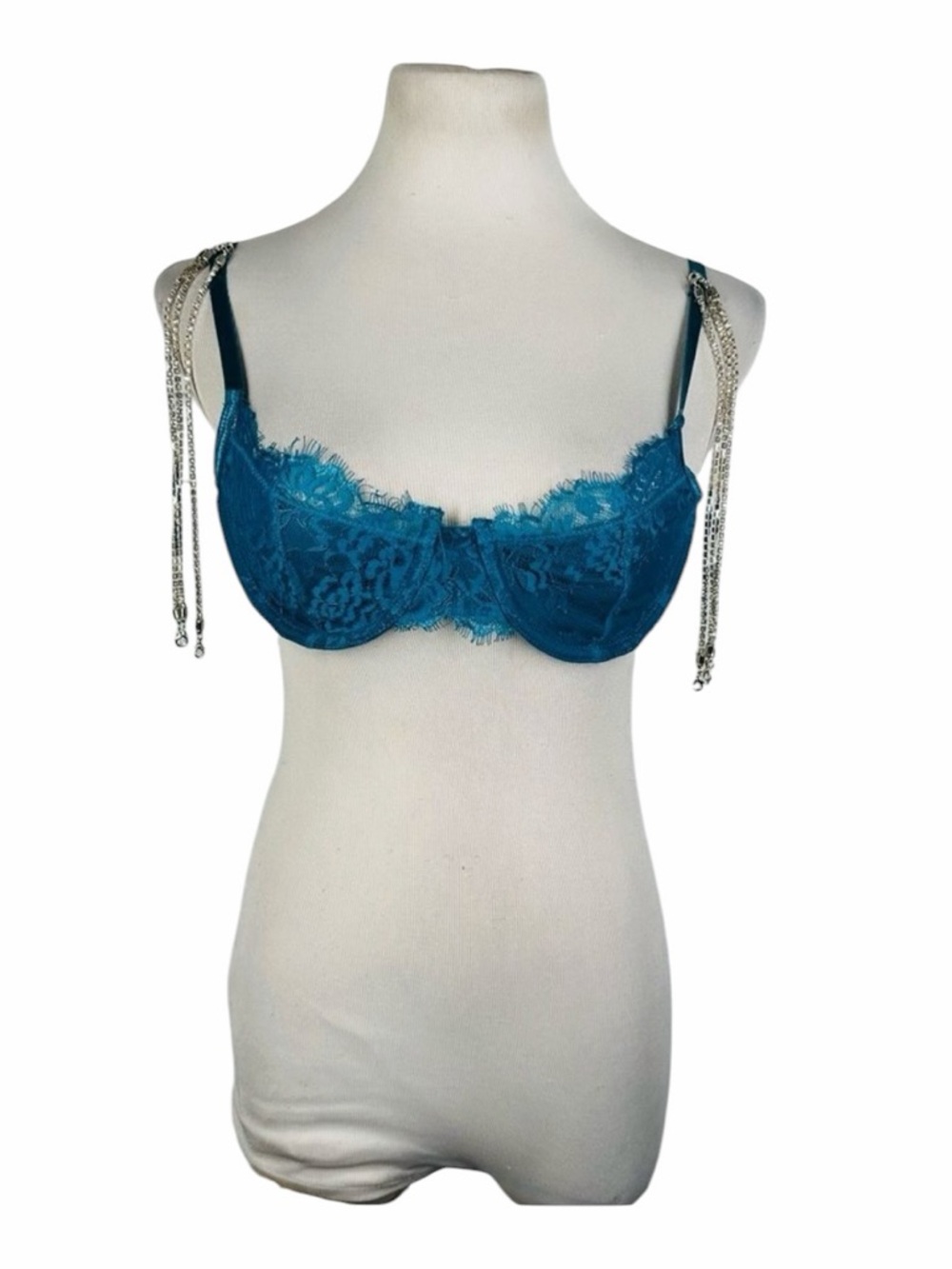Beautiful Teal Blue Bra w/Rhinestone Fringe - Size Large